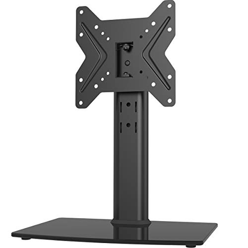 Product Cover Universal Swivel TV Stand/Base Table Top TV Stand for 19 to 39 inch TVs with 90 Degree Swivel, 4 Level Height Adjustable, Heavy Duty Tempered Glass Base, Holds up to 99lbs, HT02B-001