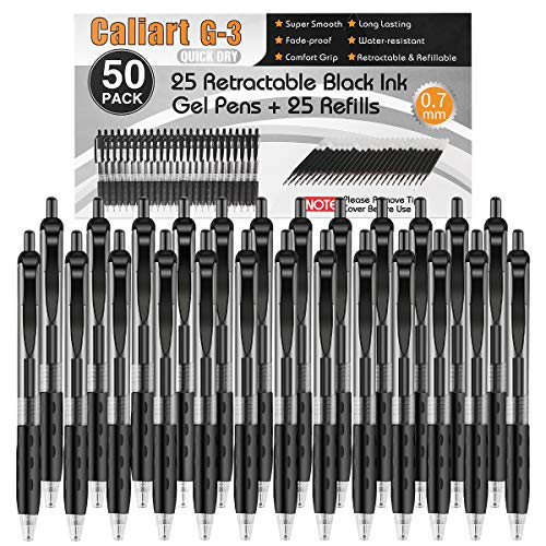 Product Cover Caliart 50 Pack(25 Gel Pens with 25 Refills) Retractable Gel Ink Rollerball Pens Black Gel Pens Medium Ballpoint Pens for Smooth Writing with Comfort Grip, Grate Christmas Gift
