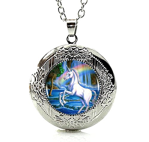 Product Cover DianaL Boutique Silver Tone Unicorn Horse Rainbow Locket Pendant Necklace Glass Cabochon Art Picture Jewelry