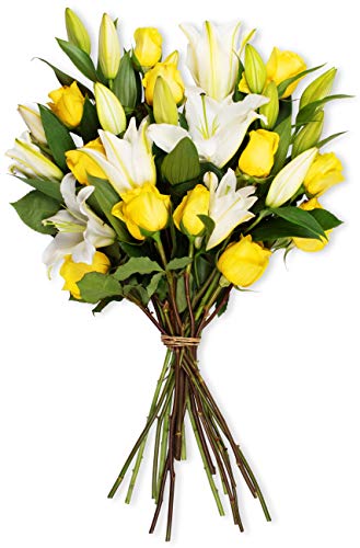 Product Cover Benchmark Bouquets Yellow Roses and White Oriental Lilies, No Vase (Fresh Cut Flowers)