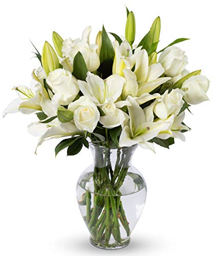 Product Cover Benchmark Bouquets White Roses and White Oriental Lilies, With Vase (Fresh Cut Flowers)