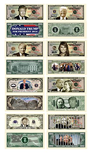 Product Cover Donald Trump 45th President Collectors 8 Bill Set: Commander In Chief Bill, 2016 Presidential, 2016 Victory, 2016 Trump Vs Hillary, Legacy, 2017 Inaugural, Melania Trump and Hillary For Prison Note