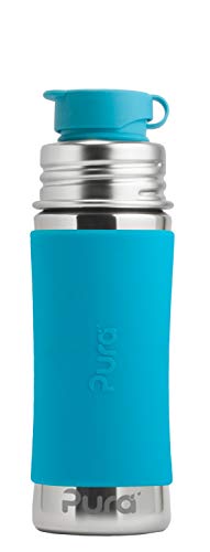Product Cover Pura Sport 11 oz / 325 ml Stainless Steel Kids Sport Bottle with Silicone Sport Flip Cap & Sleeve, Aqua (Plastic Free, NonToxic Certified, BPA Free)