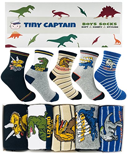 Product Cover Tiny Captain Boy Dinosaur Socks 4-7 Year Old Boys Crew Cotton Sock Age 5 Gift (Medium, Green)