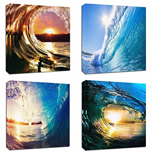 Product Cover 4Pcs 12x12 Canvas Wood Stretched Blue Ocean Wave Surfing Sea Sunset Motivational Theme Pink Frame Landscape Abstract Modern Art For Home Room Office Wall Print Decor 12x12