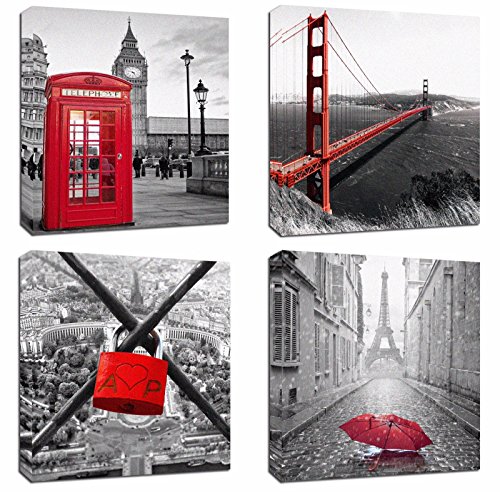 Product Cover 4Pcs 12x12 Canvas Wood Stretched Building City Golden Gate Bridge London Red Telephone Pavilion Eiffel Tower Frame Landscape Modern Art for Room Office Wall Decor Zen Yoga Ocean Beach Jetty inch