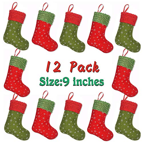 Product Cover Vanteriam 12PC Mini Christmas Stockings with Snowflake, 9'' Party Decorations/Gift Bags, Red & Green
