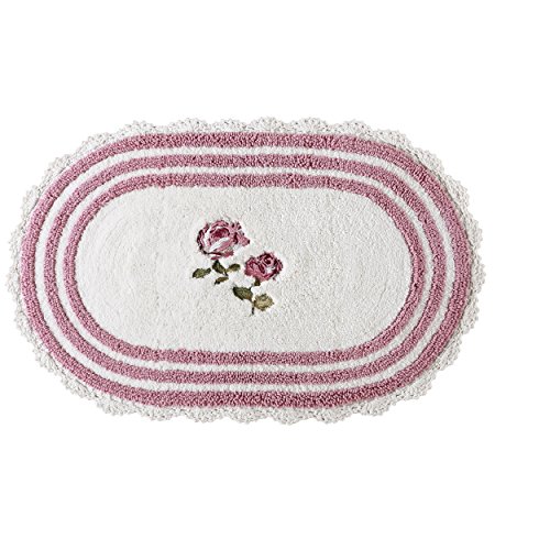 Product Cover Five Queens Court Rosalind Country Chic Floral Embroidered Crochet Trim Oval Bath Rug, Pink Rose