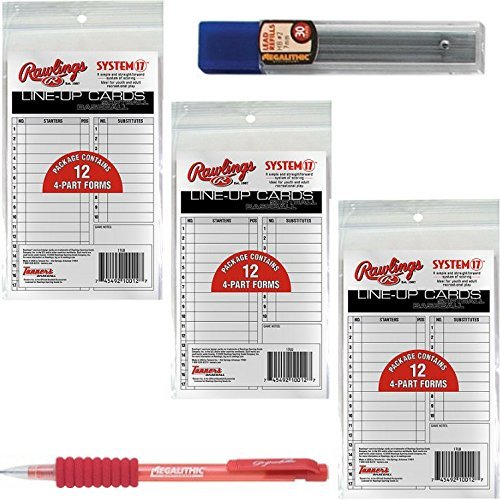 Product Cover Rawlings Baseball/Softball Lineup Cards 3-Pack (36 Total Cards) Bundled with Gripadelic Pencil and Refill Pack