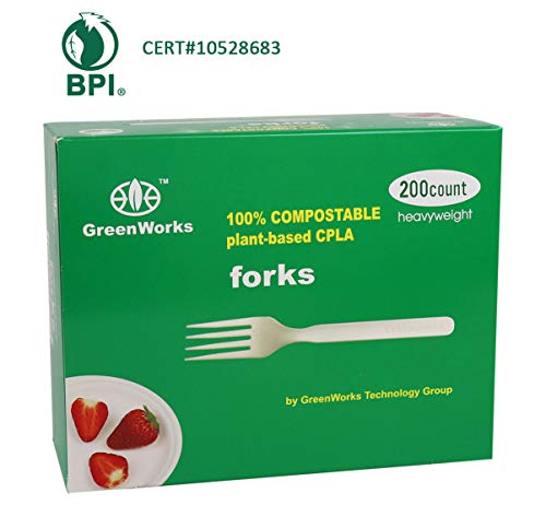 Product Cover GreenWorks 100% Compostable CPLA Forks, 200 Count Disposable Large Heavyweight Biodegradable Bio-based Plastic Cutlery Flatware Forks