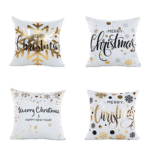 Product Cover LEIOH Christmas Pillow Covers 4 Pack Gold Stamping Print Snowflakes Merry Christmas Decorative Sofa Throw Pillow Case Cushion Covers 18 X 18 Inch,Polyester Satin Fabric