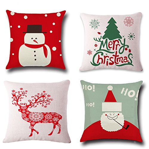 Product Cover Christmas Pillow Covers 4 Pack,BPFY Print Snowman,Christmas Tree,Christmas Deer,Santa Claus, Merry Christmas Decorative Sofa Throw Pillow Case Cushion Covers 18 X 18 Inch,Cotton Linen