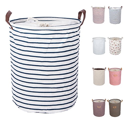 Product Cover DOKEHOM 17.7-Inches Large Laundry Basket (9 Colors), Drawstring Waterproof Round Cotton Linen Collapsible Storage Basket (Blue Strips, M)