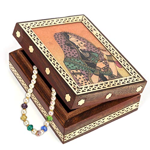 Product Cover JAIPURCRAFT Jaipur Craft | Gemstone Bani Thani Print Wooden Jewelry Box for Women | Brass Border Gemstone Painting Wooden Jewelry Box 3.25
