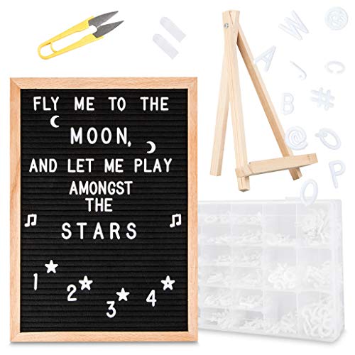 Product Cover Feltwrite Black Felt Letter Board with Stand 12x16 + Letter Board Accessories - 591 Changeable Characters, 3/4 and 1 inch Letters, Emojis, Symbols, Sorting Tray+MORE (Oak Frame Message Board)