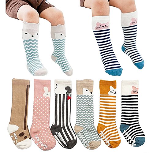 Product Cover [6 Pairs] Toddler Socks, Non Skid Knee High Cotton Socks for Baby Boys & Girls (M(2-4 Years))