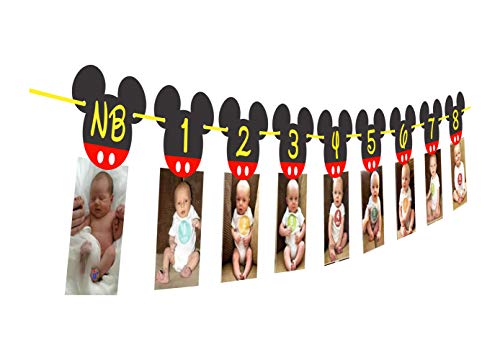 Product Cover Mickey Mouse Birthday Banner I NB to 12 Month Photo Banner First Birthday Decorations I Mickey Mouse Party Supplies I Picture Frame Banners I Clubhouse Decoration for 1st or 12th Birthday