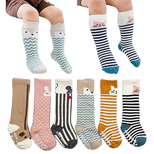 Product Cover 6 Pairs Toddler Socks, Non Skid Knee High Cotton Socks for Baby Boys & Girls (S(0-2 Years))