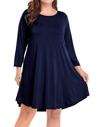 Product Cover BELAROI Women's Casual Flare Plain Simple 3/4 Sleeve T-Shirt Loose Dress (1X, Navy Blue)