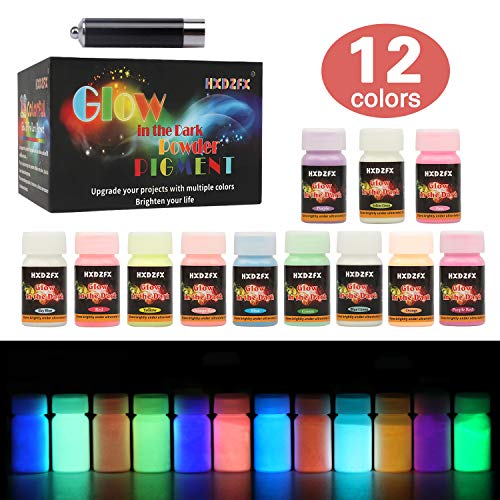 Product Cover HXDZFX Glow in The Dark Pigment Powder Epoxy Resin Pigment (Set of 12 Bottles 0.7oz Each) Safe Non-Toxic for Slime,Nails,Acrylic Paint,Halloween,Fine Art and DIY Crafts