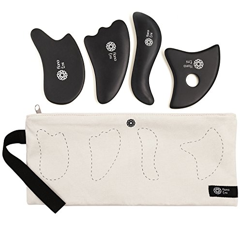 Product Cover Gua Sha Scraping Massage Tools with Smooth Edge ✮ High Quality Handmade Sibin Bian Stone ✮ Face and Body ✮ Physical Therapy Tool for Graston, IASTM, ASTYM ✮ Storage Bag ✮ E-Book Bonus (4 pcs Set)