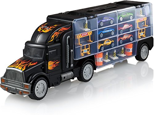 Product Cover Play22 Toy Truck Transport Car Carrier - Toy Truck Includes 6 Toy Cars & Accessories - Toy Trucks Fits 28 Toy Car Slots - Great Car Toys Gift for Boys & Girls - Original