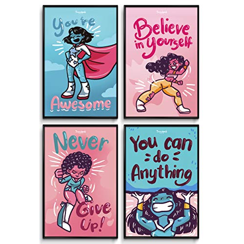 Product Cover Girls Room Decor, Posters for Girls, Super Powerful Girls, Girl Wall Decor, Inspirational & Motivational Quotes for Girls & Teens, Kids Bedroom Wall Decorations, Teen Wall Art Set of 4 Poster 11x17in