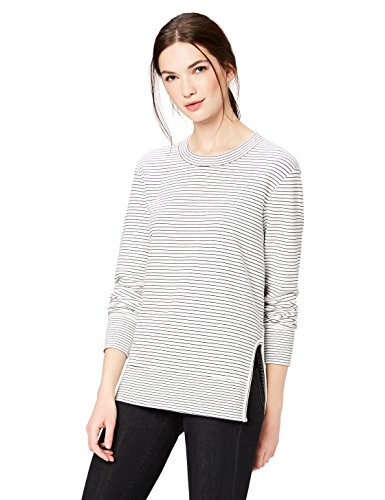 Product Cover Amazon Brand - Daily Ritual Women's Terry Cotton and Modal Pullover with Side Cutouts, Black-White Skinny Stripe, Medium