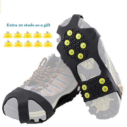 Product Cover HoFire Ice Cleats, Ice Grips Traction Cleats Grippers Non-Slip Over Shoe/Boot Rubber Spikes Crampons Anti Easy Slip 10 Steel Studs Crampons Slip-on Stretch Footwear (10-Studs-Black, S)