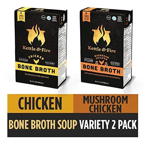 Product Cover Bone Broth Variety Pack, Mushroom Chicken and Chicken by Kettle and Fire, Keto Diet, Paleo Friendly, Whole 30 Approved, Gluten Free, with Collagen, 10g of protein, 16.2 fl oz (Pack of 2)