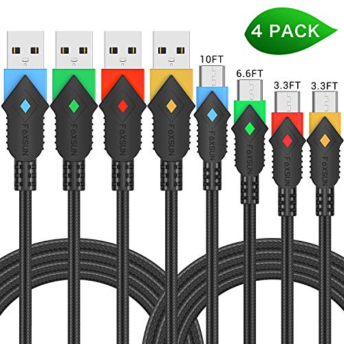 Product Cover Micro USB Android Charger Cable, Foxsun 4Pack 3.3FT/3.3FT/6.6FT/10FT High Speed Nylon Braided Android Charging Cable Cord Compatible with Samsung galaxy S6 S7 Edge Note 5,Kindle,LG,PS4,Camera and More