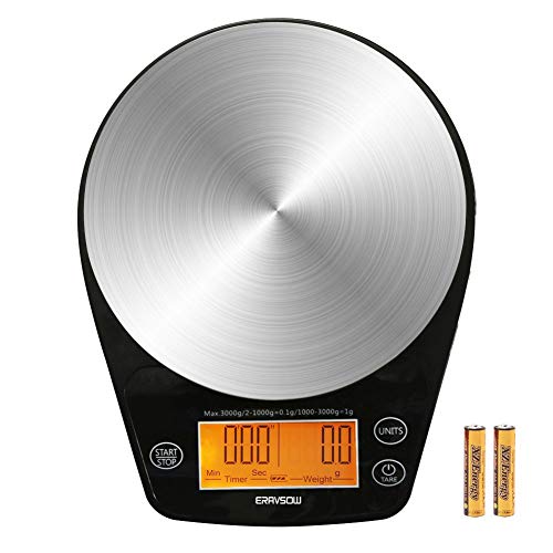 Product Cover ERAVSOW Coffee Scale with Timer, Digital Hand Drip Coffee Scales,Stainless Steel Kitchen Food Weight Scale with Precision Sensors LCD Display & Hanger Hole 6.6lb/3kg Batteries Include