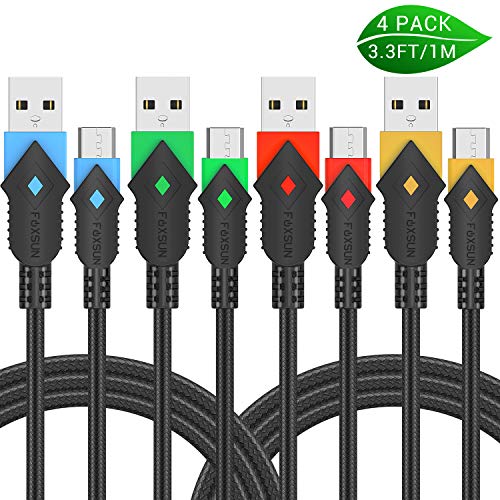 Product Cover Android Charger Cable, Foxsun 4Pack 3.3ft/1m Micro USB Cable Cord Nylon Braided Fast Charging Micro USB Power Cords Compatible with Samsung Galaxy S6 S7 Edge Note 5,Kindle Fire,LG,PS4 and More