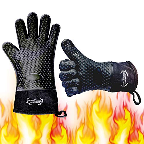 Product Cover Long Silicone Grill Gloves - Heat Resistant Oven Mitts & Potholders for BBQ, Cooking, Baking - Wrist Protected, Waterproof, Cotton Layer inside, Non-slip Grill Accessories, 1 Size Fits All (Black)