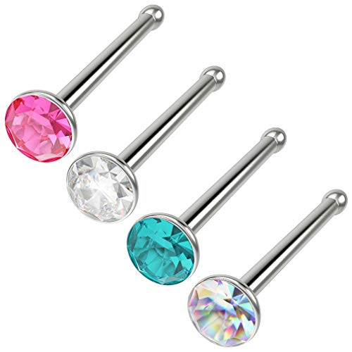 Product Cover 	4pc 20g Surgical Stainless Steel Bone Nose Rings Straight Stud Nostril 1mm crystal CZ crystal Pin