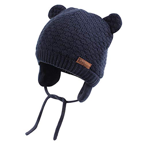Product Cover XIAOHAWANG Warm Baby Hat Cute Bear Toddler Earflap Beanie for Fall Winter (0-7Months, Navy)
