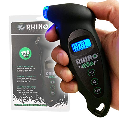 Product Cover Rhino USA Digital Tire Pressure Gauge 150 PSI, 4 Ranges, Ergonomic Design w/Lighted Nozzle & LCD Backlit Display - Certified Accurate Readings, Best Digital Gage