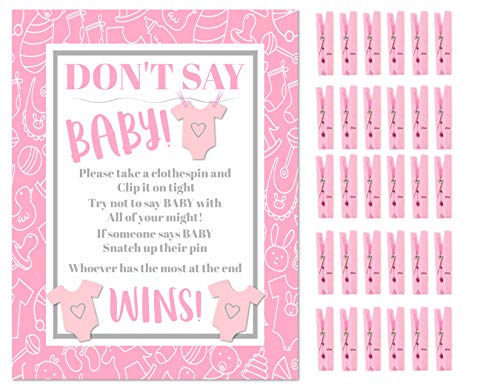 Product Cover Don't Say Baby! -The Baby Shower Clothespin Game for Guests to Wear Pink Girl with Mini Wooden Clothespins Party Favors For 30 Players (Pink- Girl)