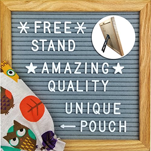 Product Cover Felt Letter Board 10 X 10 Inches, Gray Felt, Oak Frame 340 Changeable Letters, Numbers & Symbols, Colorful Owl Pouch, Desk Stand for Office Home Decor
