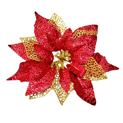 Product Cover Glitter Poinsettia Christmas Tree Ornaments Pack Of 12 (Burgundy)