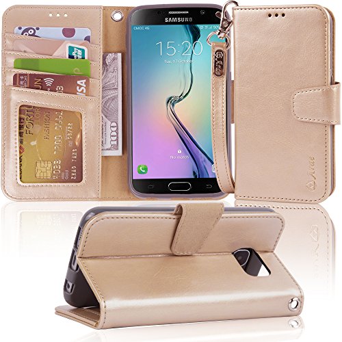 Product Cover Arae Case Compatible for Samsung Galaxy S6 - [Wrist Strap] Flip Folio [Kickstand Feature] PU Leather Wallet case with ID&Credit Card Pockets (Champagne Gold)