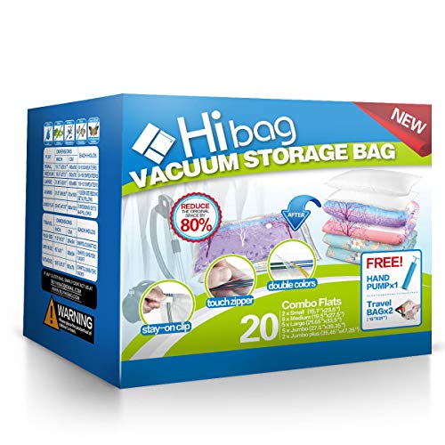 Product Cover HIBAG Space Saver Bags, 20 Pack Vacuum Storage Bags (6 Medium, 5 Large, 5 Jumbo, 2 Small, 2 Roll Up Bags) with Hand Pump for Bedding, Comforter, Pillows, Towel, Blanket, Clothes