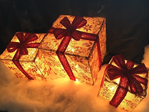 Product Cover 3pc Lighted Burlap Floral Christmas Gift Boxes Presents Outdoor Christmas Decor
