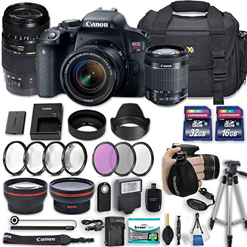 Product Cover Canon EOS Rebel T7i 24.2 MP DSLR Camera with Canon EF-S 18-55mm f/4-5.6 is STM Lens + Tamron 70-300mm f/4-5.6 Di LD Lens + 2 Memory Cards + 2 Aux Lenses + 50