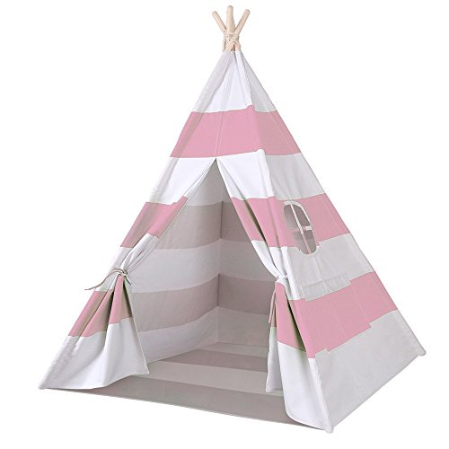 Product Cover Porpora Indoor Indian Playhouse Toy Teepee Play Tent for Kids Toddlers Canvas with Carry Case, Pink Stripe