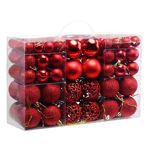 Product Cover Naler Assorted Christmas Balls Shatterproof Christmas Ornaments Set Decorative Baubles Pendants with Reusable Hand-held Gift Package for Holiday Xmas Garden Decorations, 100-Pack (Red)