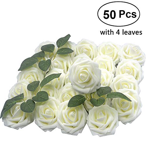 Product Cover Lmeison Artificial Flower Rose, Christmas Tree Decorative 50pcs Real Looking Artificial Roses w/Stem for Bridal Wedding Bouquets Centerpieces Baby Shower DIY Party Home Decor, Ivory