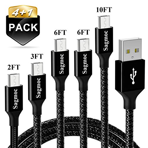 Product Cover Micro USB Cable Black Android Charger Cord - Sagmoc Premium Shiny Charging Cord Nylon Braided【4+1 Pack】 10FT 2x6FT 3FT 2FT for Samsung, Nexus, LG, HTC, Nokia, Sony, Moto, HP, BlackBerry