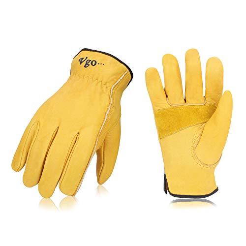 Product Cover Vgo 3Pairs Unlined Cow Grain Leather Work and Driver Gloves with Cow Split Leather Palm Patch(Size XL,Gold,CA9590)