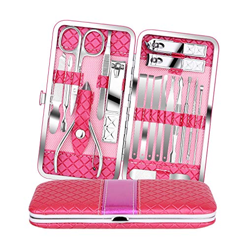 Product Cover Teamkio 18pcs Manicure Pedicure Nail Clippers Set Travel Hygiene Kit Stainless Steel Professional Cutter Care Set Scissor Tweezer Knife Ear Pick Tools Grooming Kits with Leather Case (18pcs, Pink)